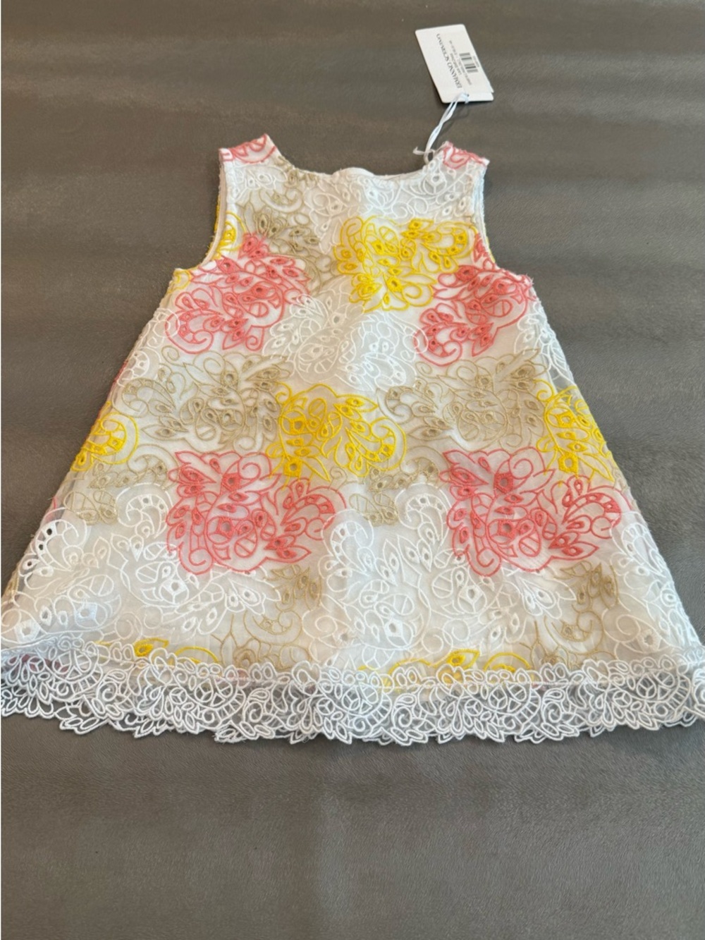 Ermanno Scervino White Lace Dress with Pink and Yellow Embroidery. Size 4